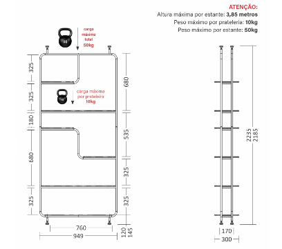 Estante Linha Pix - Larg. 0,95m × Prof. 0,30m × Alt. 2,53m