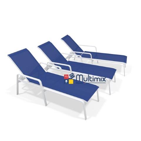 Kit com 3 Espreguiçadeiras para Piscina Summer - Alumínio Branco, Tela Sling Azul Escuro | Empilhável